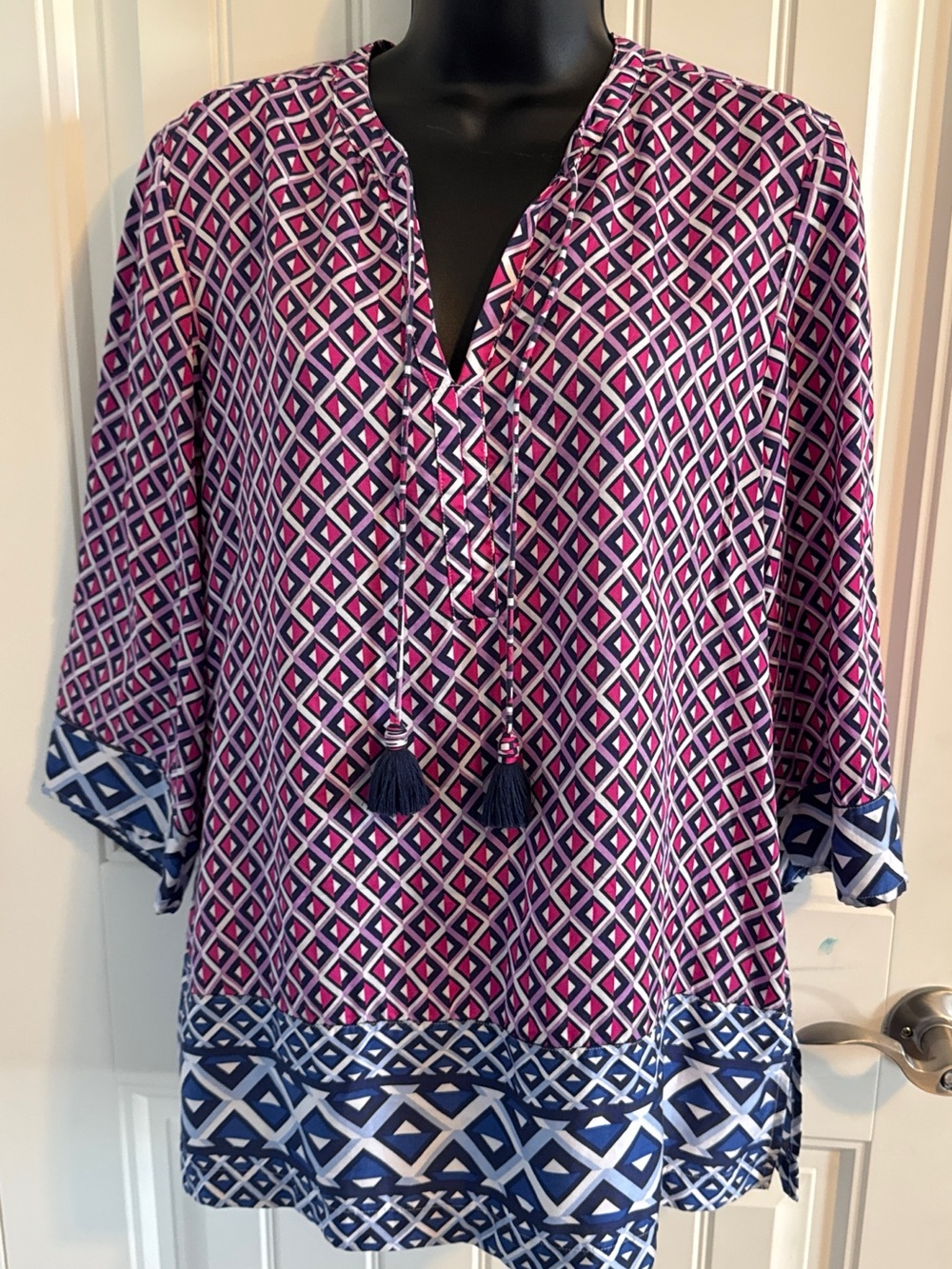 Tommy Bahama 100% Tencel Geometric Tile Tassel Tunic Top Small Pink Blue